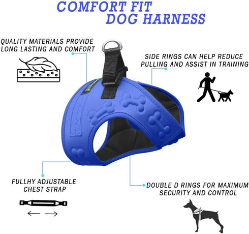 Comfort Fit No Pull Dog Harness, Blue XS, Soft Padded Vest with 2 Leash Clips, Adjustable Buckles