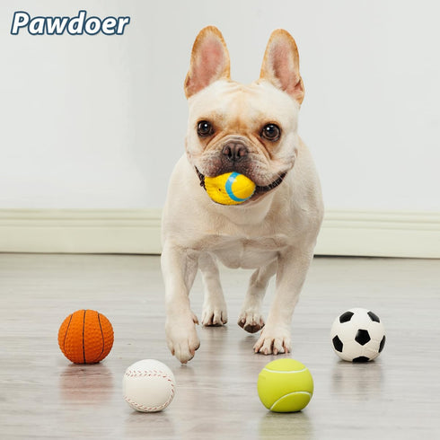 Squeaky Dog Ball - Soft Rubber Toys for Small Dogs & Puppies - Cute Play Ball - Tennis, Soccer, Football, Basketball,