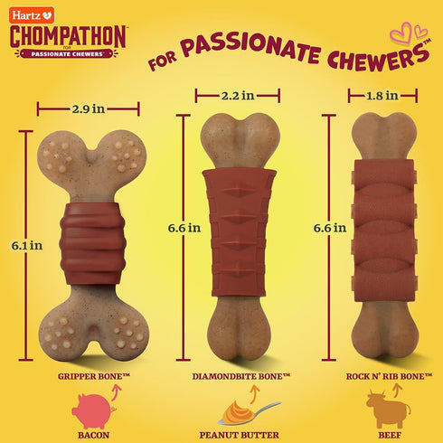 Hartz New Chompathon Gripper Bone Dog Chew Toy - Double Layered Flavored with Chicken & Bacon for Aggressive Chewers