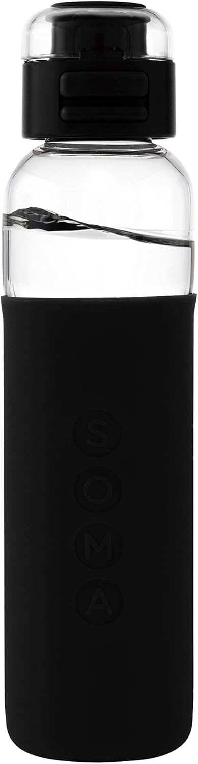 SOMA Glass Water Bottle with Silicone Sleeve, Sport Cap, 17-ounce, Black