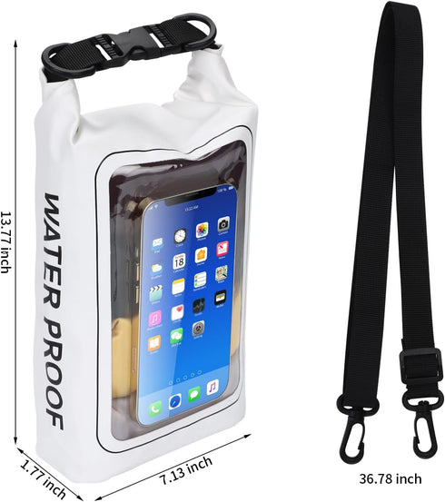 IP68 Waterproof Dry Bag, 2L - Roll Top Waterproof Pool Bag,dry bags for kayaking waterproof-w/Phone Pouch,Large Waterproof Phone Pouch,Boating & Kayak Accessories camping (white)