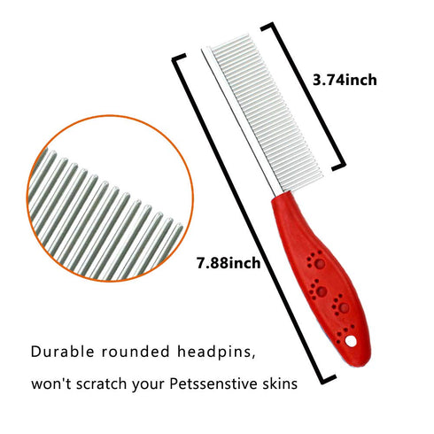 Pet Comb for Dogs & Cats - 2 Combs, Stainless Steel Teeth for Removing Matted Fur, Knots & Tangles, Red