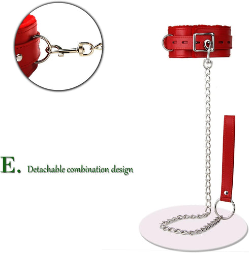 Leather Choker Collar with Long Traction Chain, Rugged Durable Adjustable Neck Size for Pets, Red