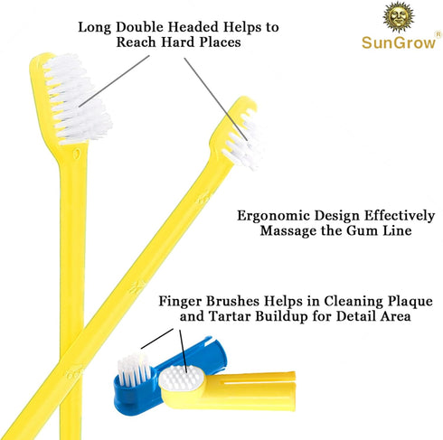 Set, 2 3 SunGrow Dog Toothbrush Dual-Headed Brush, Bonus Finger Brushes Included, Removes Plaque, freshens Dog's