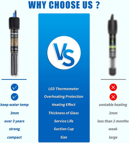FREESEA 50 Watt Submersible Betta Heater with Aquarium Thermometer