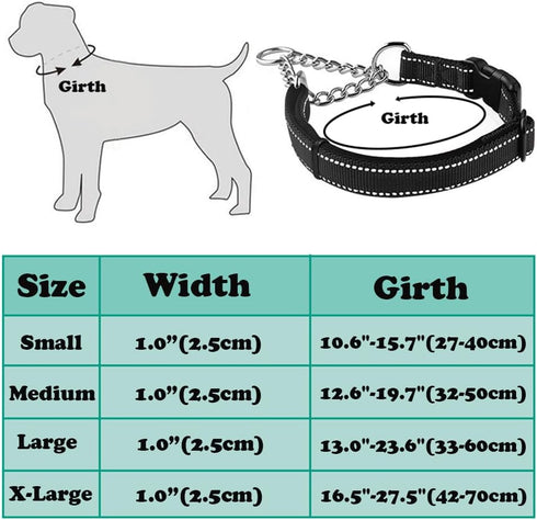 Martingale Dog Collar with Stainless Steel Chain - Adjustable Soft Padded Nylon Reflective Collar for Large Medium