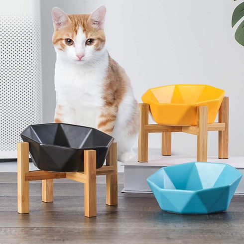 Ceramic Tilted Elevated Pet Bowl with Bamboo Stand, Blue - No Spill Feeder for Cats and Dogs