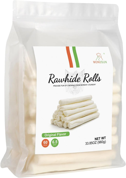 MON2SUN Dog Rawhide Rolls, Twist Sticks, 6-6.5 Inch Dog Chew Treats, Natural Flavor, 60 Count for Puppies.