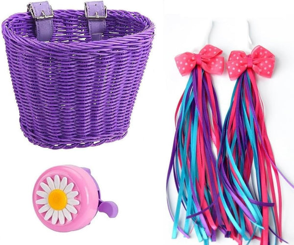 Kids Bike Basket Set - Handwoven Bike Baskets for Children with Spare Leather Straps and Bell, Easy Install