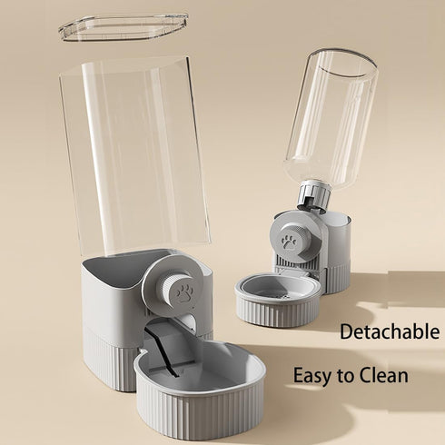 Cage Hanging Bowls, Refillable Food Bowl for Dogs Cats, Double Bowls with Automatic Water Food Dispense Feeder (Grey)