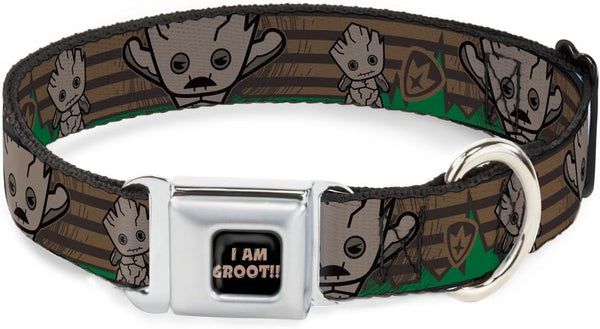 Buckle-Down Kawaii Groot Dog Collar - 2-Poses/Guardians Badge Browns/Green, 1.5" Wide, Fits 18-32" Neck, Large