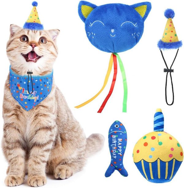 BINGPET Cat Birthday Catnip Toys, Cat Birthday Hat, Bandana and Cake Interactive Plush Kitten Chew Toys