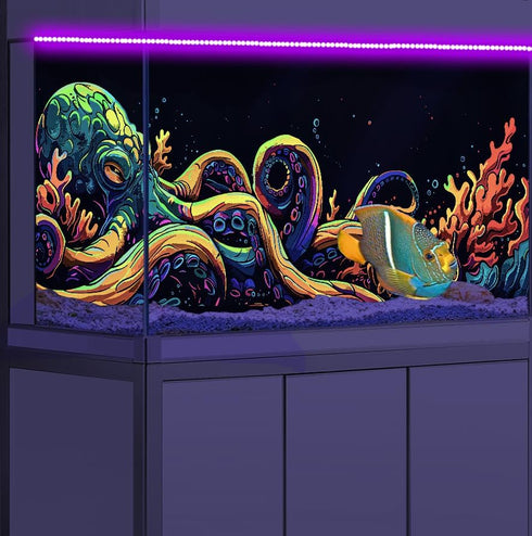 30X18IN Blacklight Octopus Sea Monster HD 3D Aquarium Background, UV Reactive Background with 10 EVA Tape