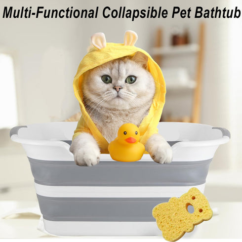 Multi-Functional Collapsible Dog Bathtub with Brush, 7.1 Gal Portable Laundry Basket, Foldable Bathing Tub for Small