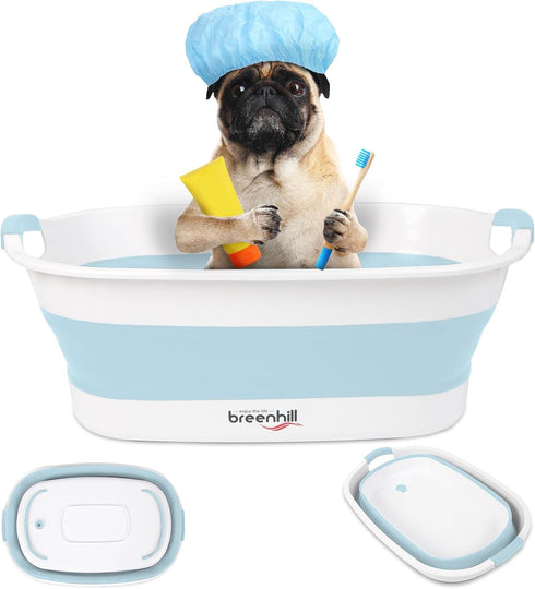 Collapsible Pet Bathtub with Water Drain Plug - Portable Bath Tub for Small Dogs Cats, Space Saving Design, Blue
