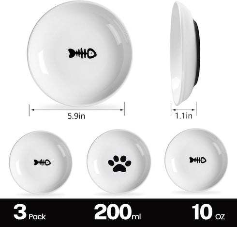CSD Cat Food Bowl (3 Pack) - Ceramic Bowls with Nonslip Silicone Bottom, Whisker Friendly, 200ml Capacity