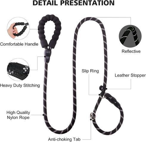 Slip Leads Dog Leash, 4/5/6 FT with Comfortable Handle, Heavy Duty Reflective Rope Training Leash (1/2''- 4FT, Black)
