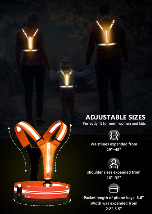 LED Reflective Vest Running Gear, USB Rechargeable Light Up Vest, Chest Phone Holder for Runners, Night Walking,