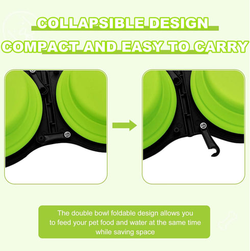 Collapsible Silicone Cat and Dog Travel Bowls, 2 in 1 Foldable Pet Feeding and Watering Dish with Carabiner (Green)