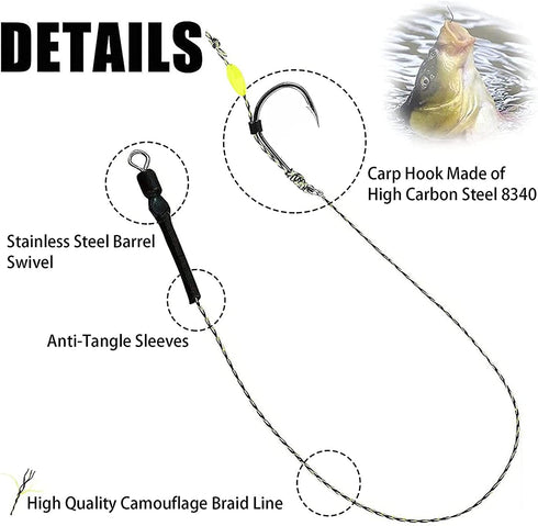YOTO Carp Fishing Hair Rigs - 24 Pcs High Carbon Steel Curved Barbed Hooks with Swivels and Boilies