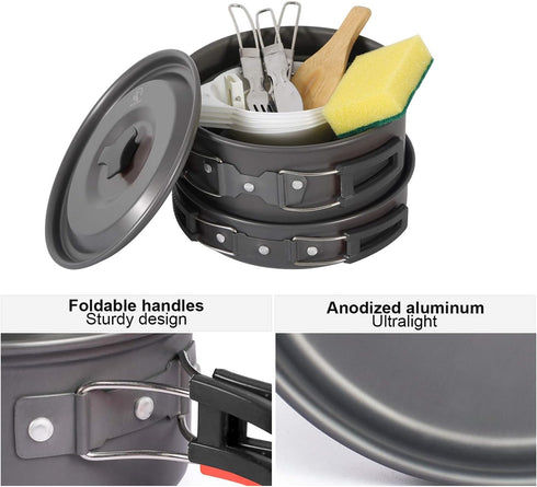 REDCAMP Camping Cookware Mess Kit, 11/12/17/22 PCS, 800ml Backpacking Pot and Pan Set