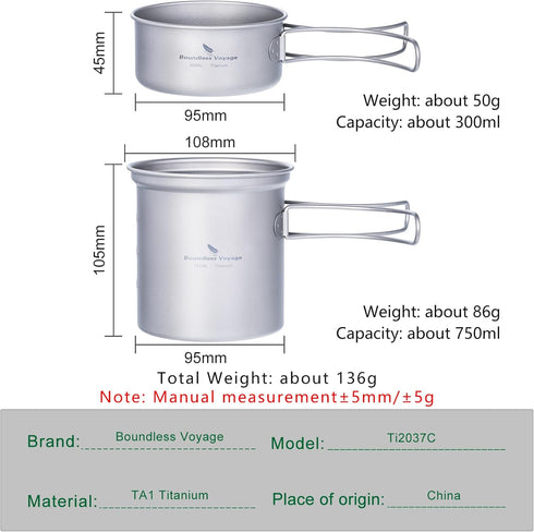iBasingo 2 Piece-Set Titanium Bowl Pot Set with Folding Handle for Outdoor Cooking