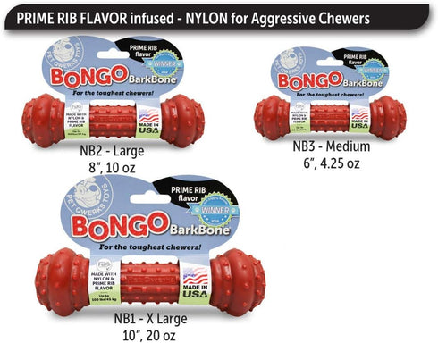 Pet Qwerks Bongo BarkBone, Nylon Dog Bone for Aggressive Chewers, Prime Rib Flavor, Medium
