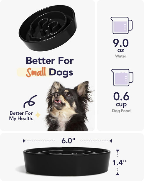LE TAUCI Skull Black Ceramic Slow Feeder Dog Bowls for Small Breed, 0.6 Cups Puzzle Bowl for Fast Eaters