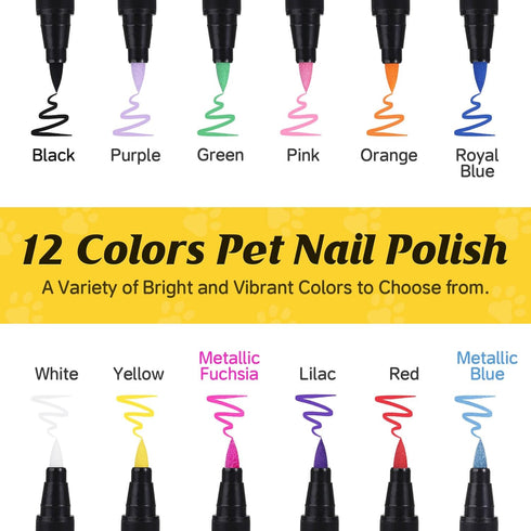 Dog Nail Polish Pens - Quick Dry, 12 Colors Safe Dog Nail Polish Set for DIY Pretty Nails, Non-Toxic, Pet Nail