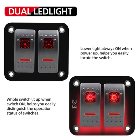 FXC Rocker Switch Aluminum Panel, 2 Gang Toggle Switches, 5 Pin ON/Off, 2 LED Backlit for Boat Car Marine