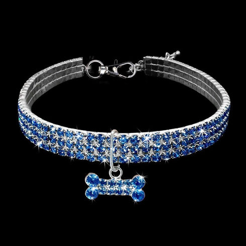 Dogs Kingdom Amazing 3 Rows Rhinestones Necklace, Pet Cat Dog Collar Bling Jewelry, Dark Blue, M