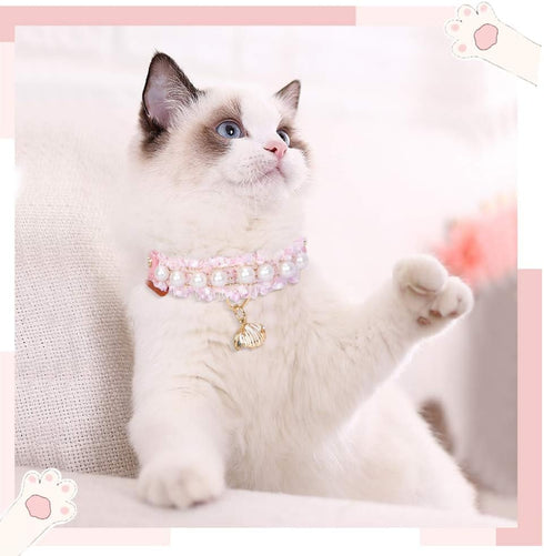 PetsHome Premium PU Leather Cat and Dog Collar, Adjustable, Cute Pearl, Beautiful Lace, Small Pink