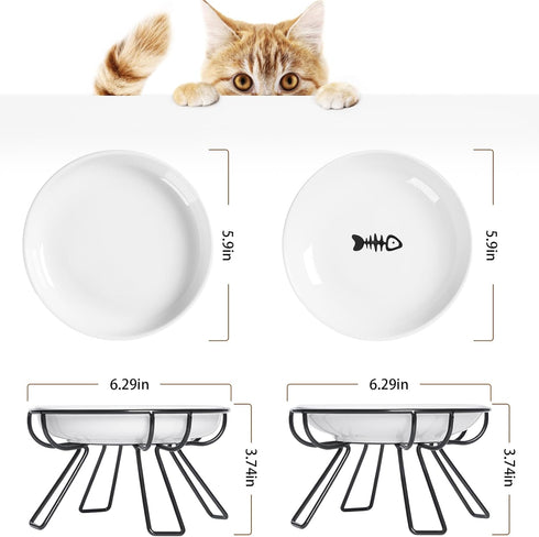 Presents The Ultimate Cat Dining Set: 5.9 inch Ceramic Cat Water Bowl and Whisker-Friendly and Anti-vomiting Cat Plates.Elevated Cat Bowl, Raised Ceramic Cat Dish with Metal Stand
