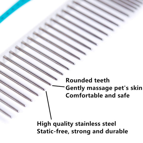 Pet Comb, Stainless Steel Teeth Comb for Dogs & Cats, Grooming Kit for Removing Knots, Mats, and Tangles, 7 1/4"