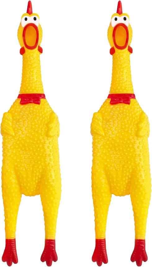 2 Pcs 12 Inch Large Rubber Chicken Dog Toys, Yellow Squeaky Chicken, Screaming Prank Noise Maker