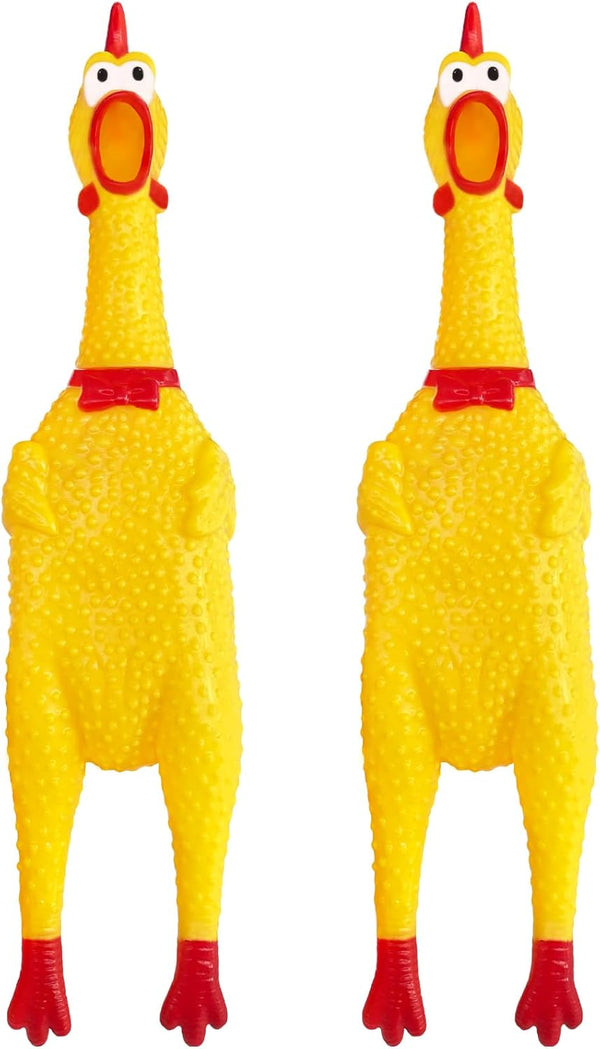 2 Pcs 12 Inch Large Rubber Chicken Dog Toys, Yellow Squeaky Chicken, Screaming Prank Noise Maker