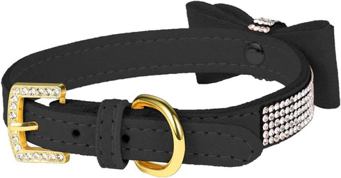 LOVPE Crystal Dog Collar - Velvet Leather with Bow-Knot Tie Rhinestone for Small Dogs & Cats (Black, S)