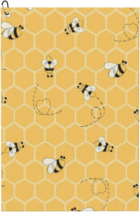 Honeycomb Bees Golf Towels - Cleaning Cloth for Golf Bag, Tennis Towel with Carabiner Clip, 24"x16"