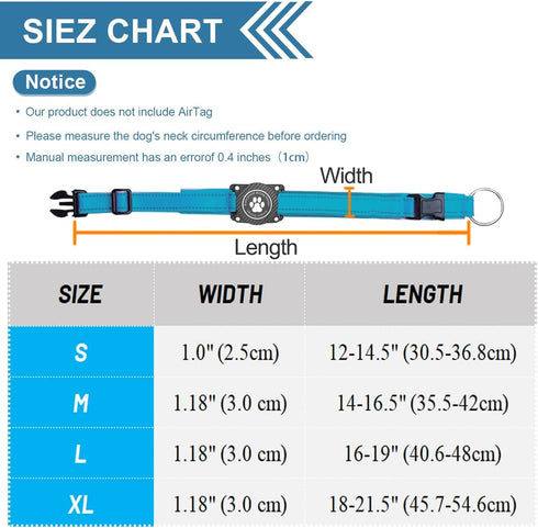 Airtag Dog Collar with Waterproof Holder, Adjustable Soft Padded Nylon for Small Medium Large Dogs, Blue, M