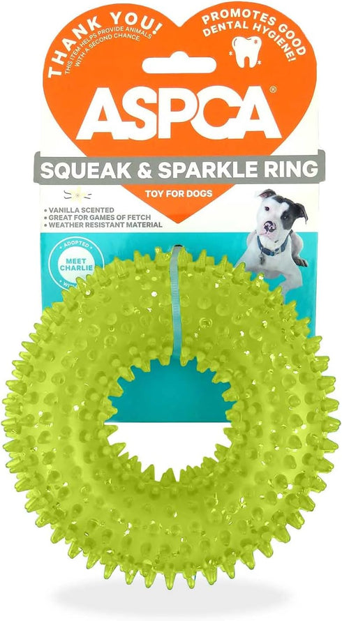 ASPCA Squeaky Puppy Teething Spikey Glitter Ring Chew Toy - Non-Toxic TPR Rubber for Small to Medium Dogs - Random Color