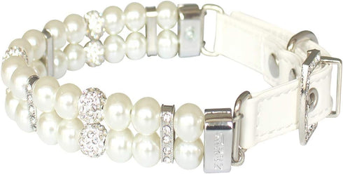 KUDES Dog Cat Pearl Collars with Crystal Rhinestone, Adjustable Cute Fashion Pet PU Leather Necklace for Small Dogs