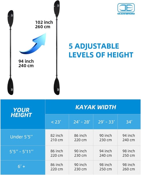 OCEANBROAD Adjustable Fishing Kayak Paddle - 94in/240cm to 102in/260cm Aluminum Alloy Shaft with Paddle Leash