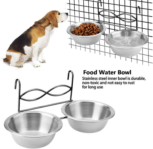 Owlike Stainless Steel Dual Hanging Food Water Bowl Feeder with Hook for Cat Pet Dog Puppy Crate Cage