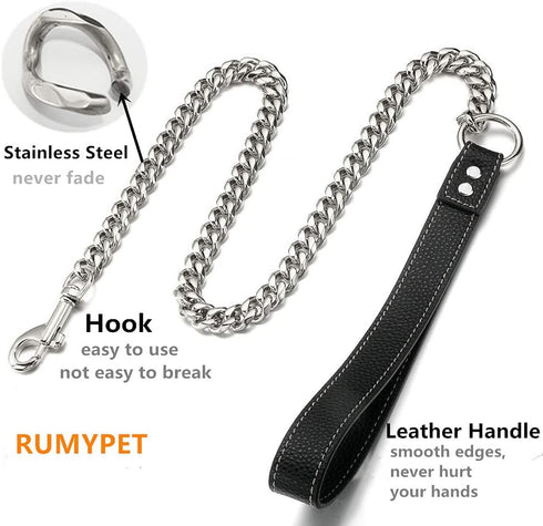 Silver Chain Dog Leash 15MM Solid Chew Proof 316L Stainless Steel Cuban Link Chain with Leather Handle 3FT/4FT/5FT for