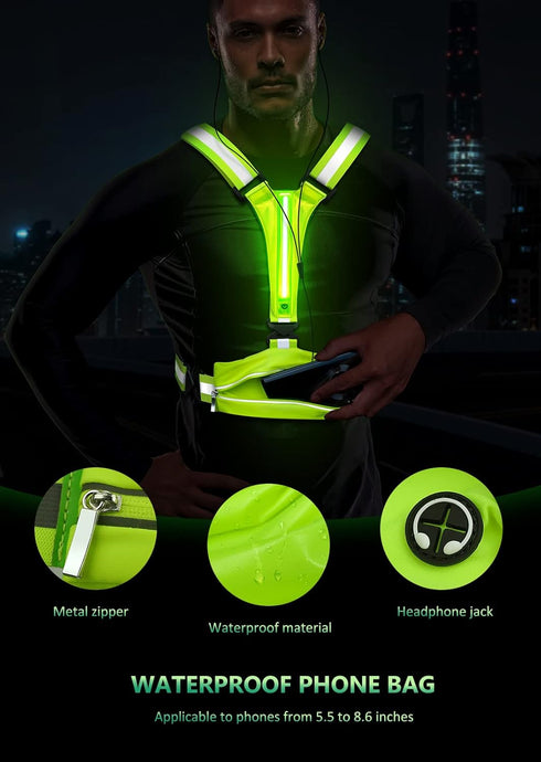 LED Reflective Running Vest, USB Rechargeable Light Up Gear with Chest Phone Holder for Night Walking, Adjustable for
