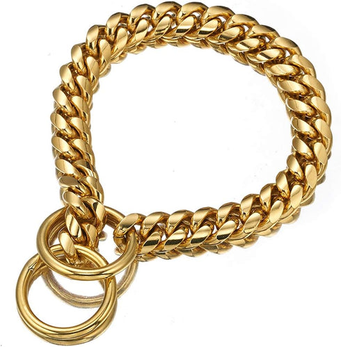 18K Gold Plated Dog Chain Collar, Stainless Steel Cuban Link Choke Collar for Dog's Training, Daily Use (15mm, 14'')