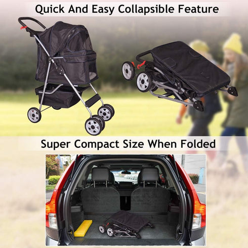 Dkeli 4 Wheel Pet Stroller Cat Dog Cage Stroller Travel Folding Carrier with Cup Holder and Removable Lining for Small