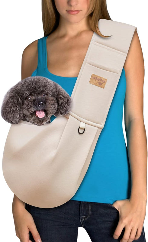 Dog Sling Carrier, Adjustable Strap, Soft Cotton Dog Carrier Bag with Pocket for Travel Outdoor (Beige)