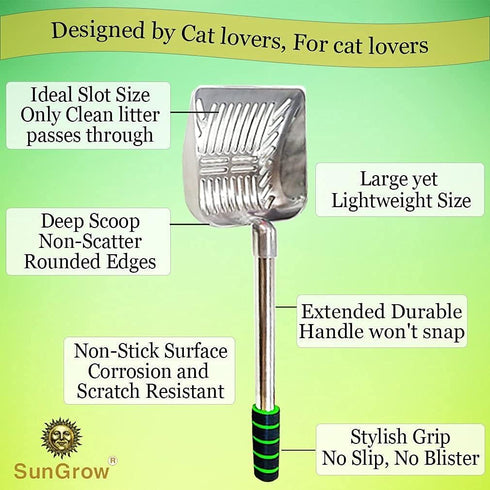 SunGrow Cat Litter Scoop, Stainless Steel Long Handle Poop Scooper for Chicken Coop, 9” Handle, 5” Wide Mouth