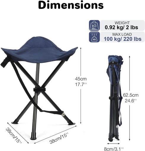18" Backpacking 225 lbs, Folding Tripod Stool for Adults Heavy Duty, Lightweight Portable Three Leg Tall Camping Stool